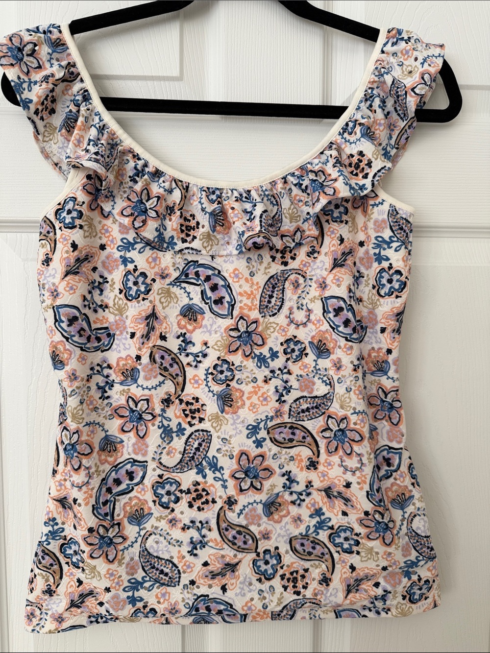Loft Women’s Pink Paisley Ruffle Neck Tank Top